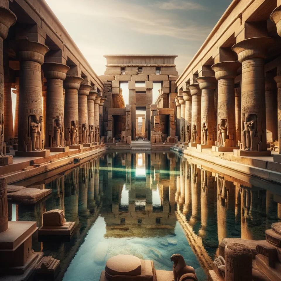 معبد الكرنك البركة المقدسة داخل المعبد: تعكس المنشآت القديمة المحيطة والأعمدة، مع المياه الصافية التي ترمز إلى التطهير والطقوس الدينية